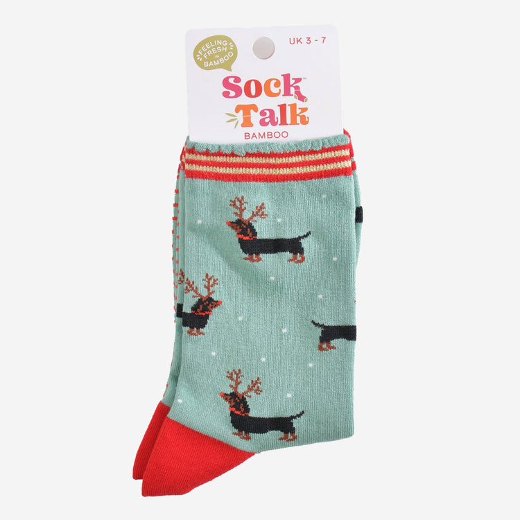 Women's Bamboo Christmas Socks - Dachshund Reindeer