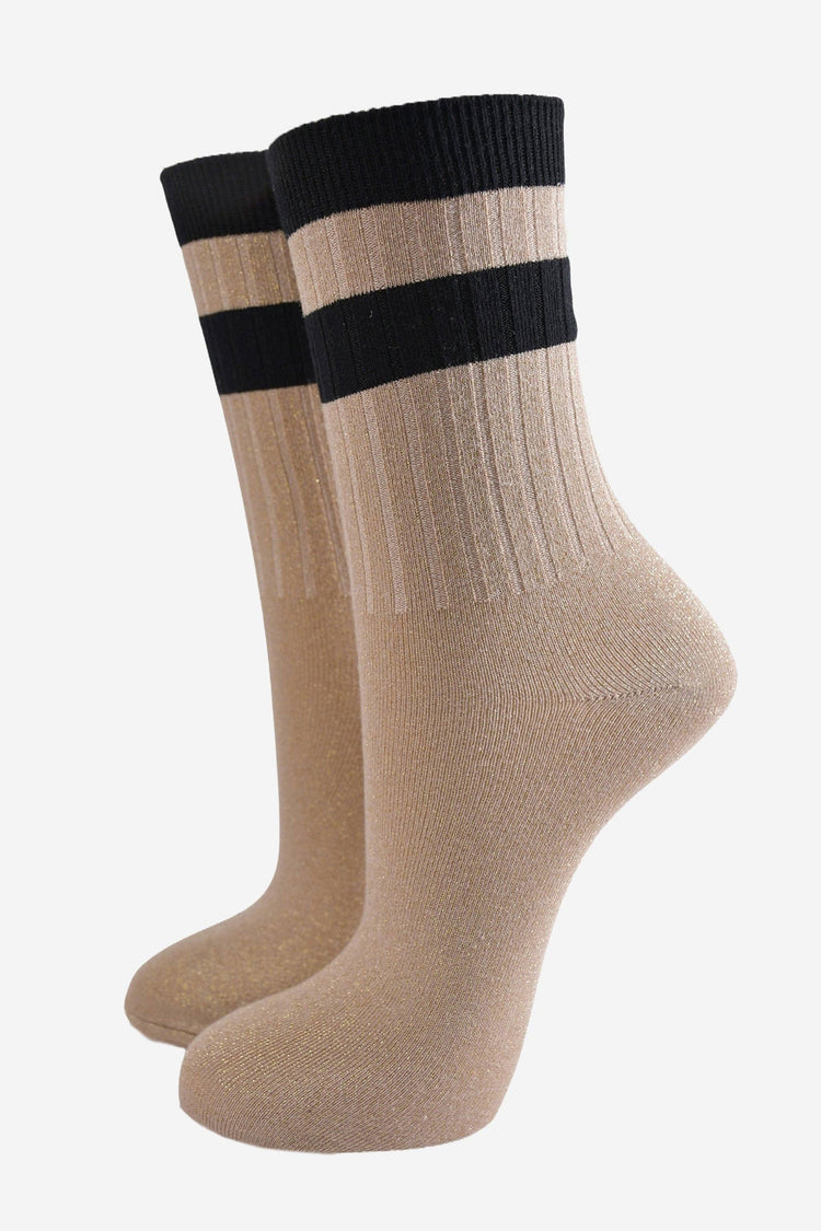 Women's Glitter Socks - Gold/Black Stripe Cuff