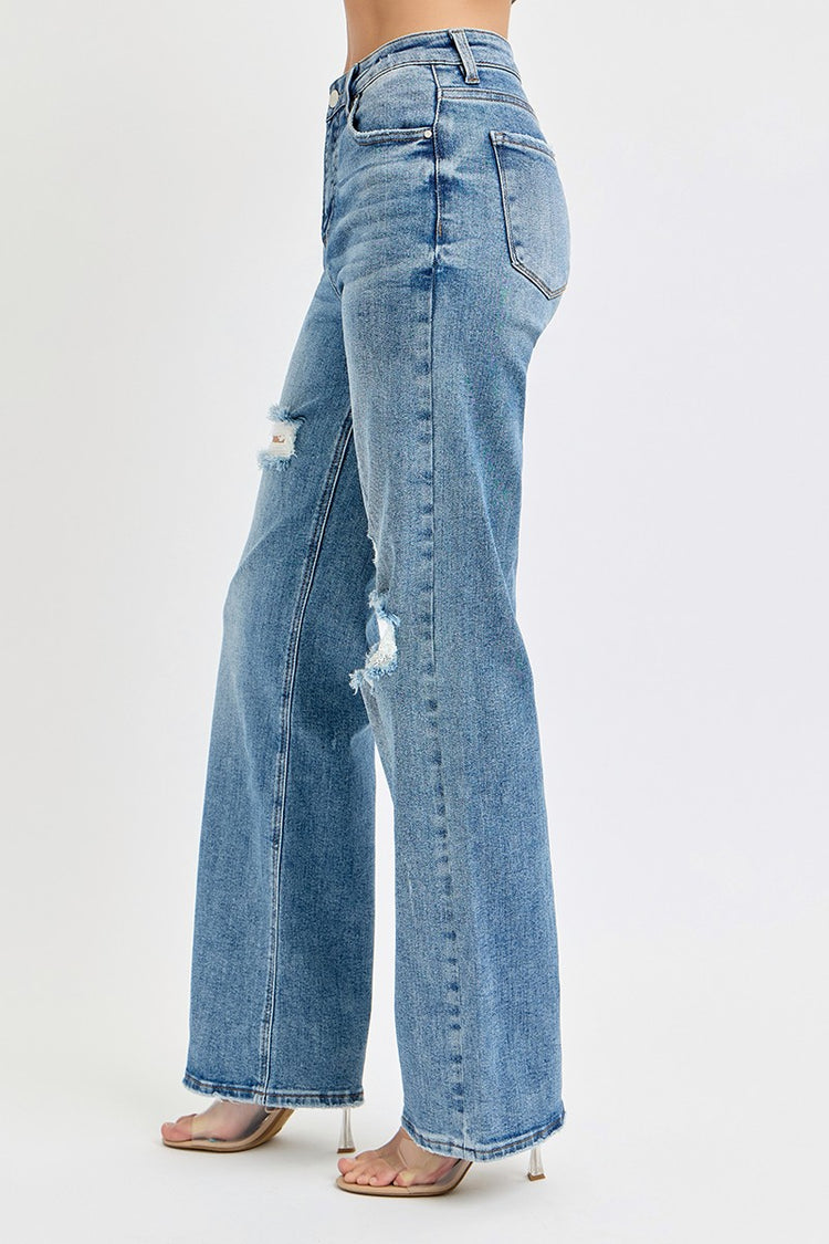 High-Rise Wide Leg Ripped Jeans
