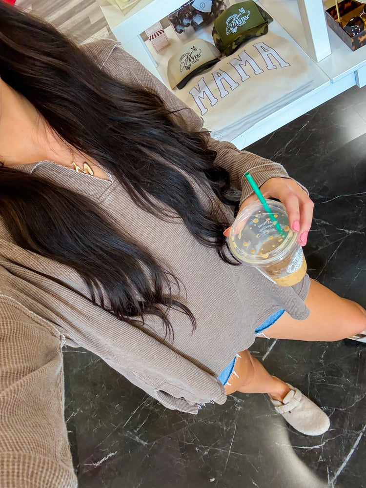 Mocha Collared Waffle Long-Sleeve