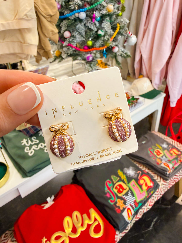 Pink & Gold Christmas Ornament Stud Earrings