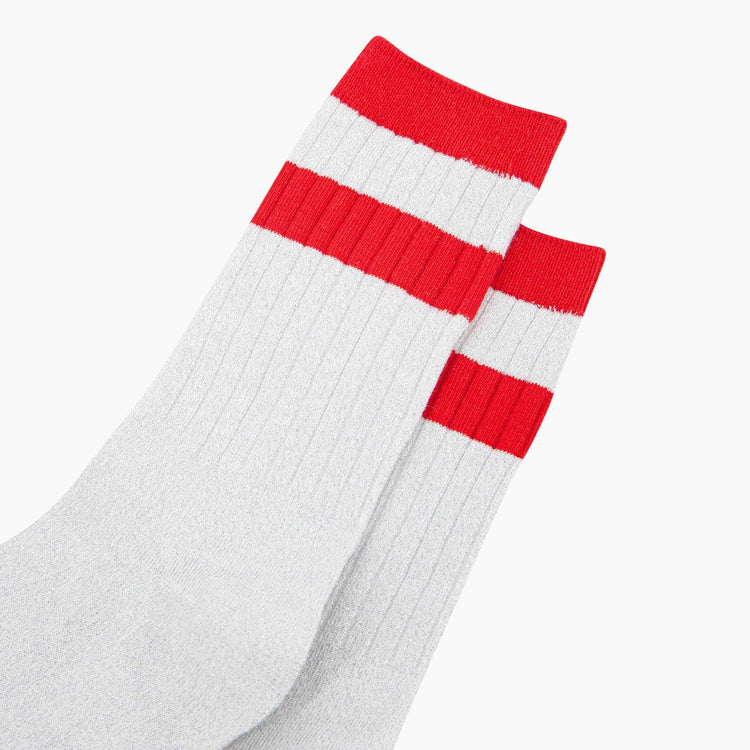 Women's Glitter Socks - White/Red Striped Cuff
