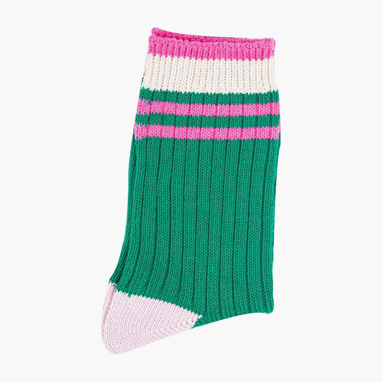 Women's Mid-Calf Socks- Green/Pink Striped Cuff