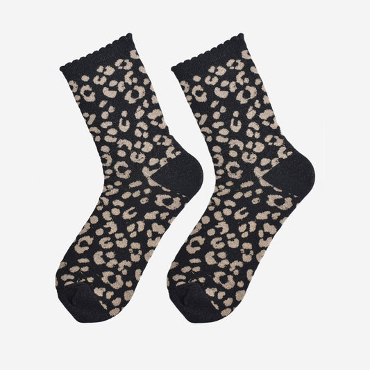 Women's Glitter Ruffle Socks - Black/Gold Leopard