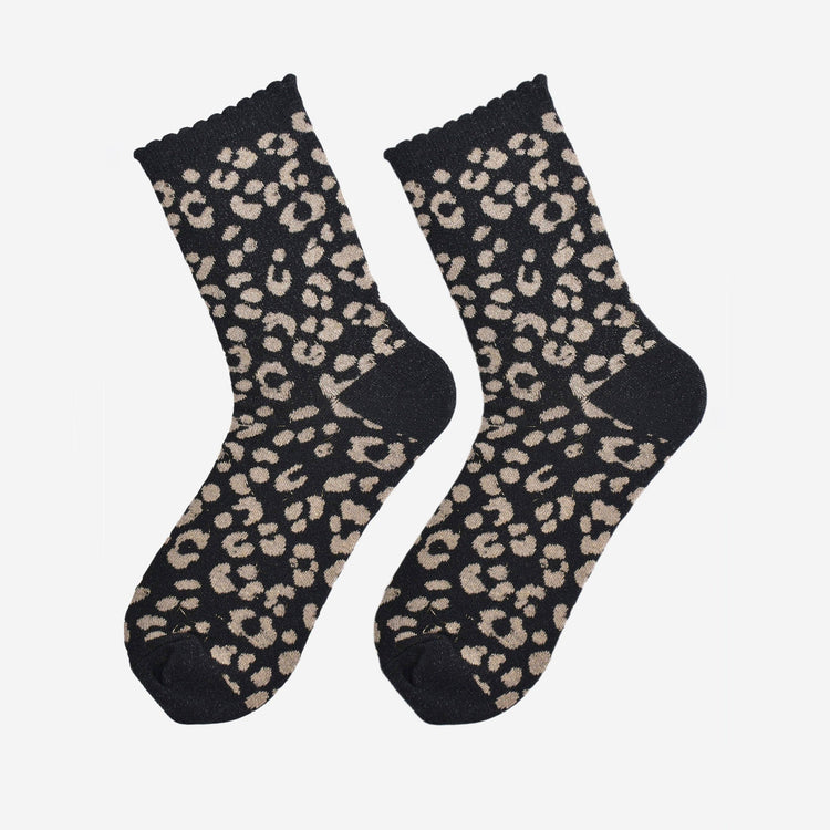 Women's Glitter Ruffle Socks - Black/Gold Leopard