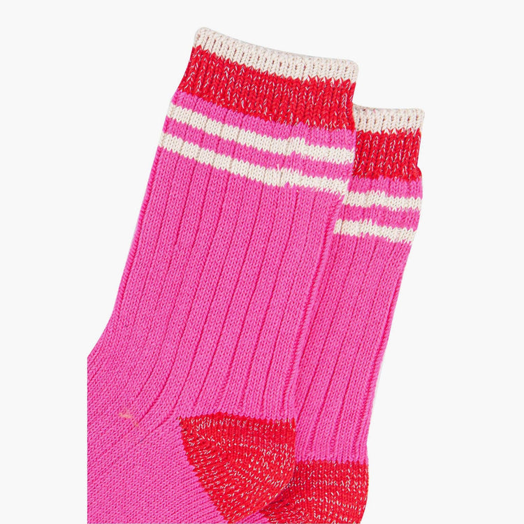 Women's Mid-Calf Socks- Pink/Red Striped Cuff