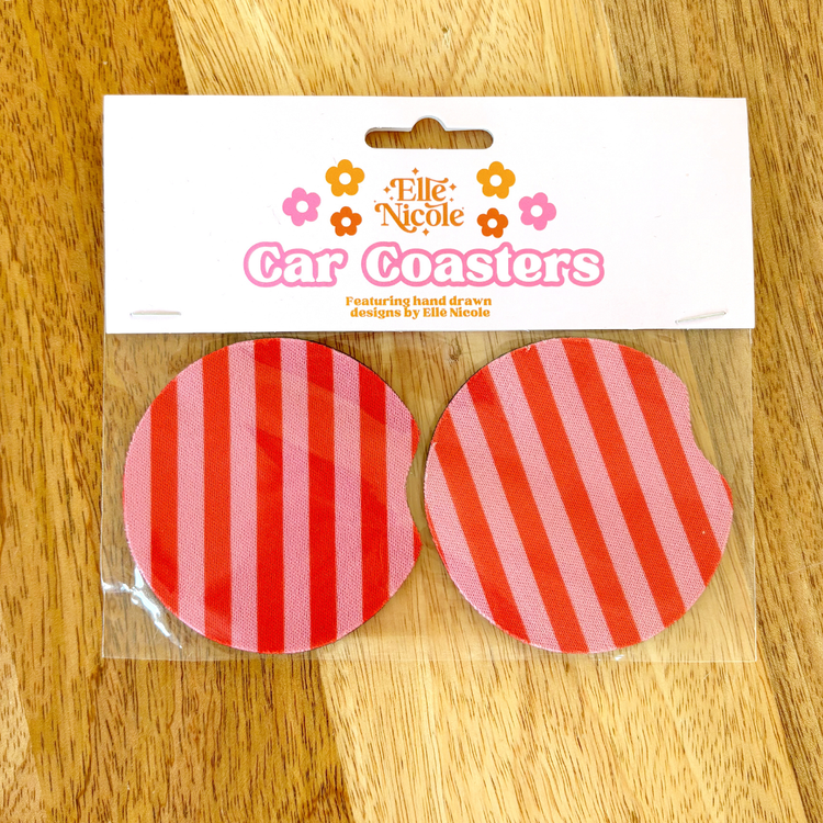Car Cupholder Coasters - Pink & Red Stripes