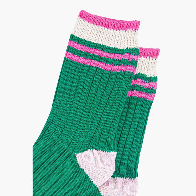 Women's Mid-Calf Socks- Green/Pink Striped Cuff