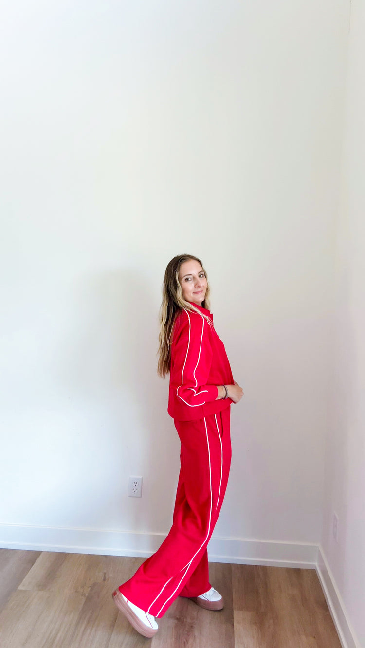 Luxe Red/Cream Piping Modal Polo Top