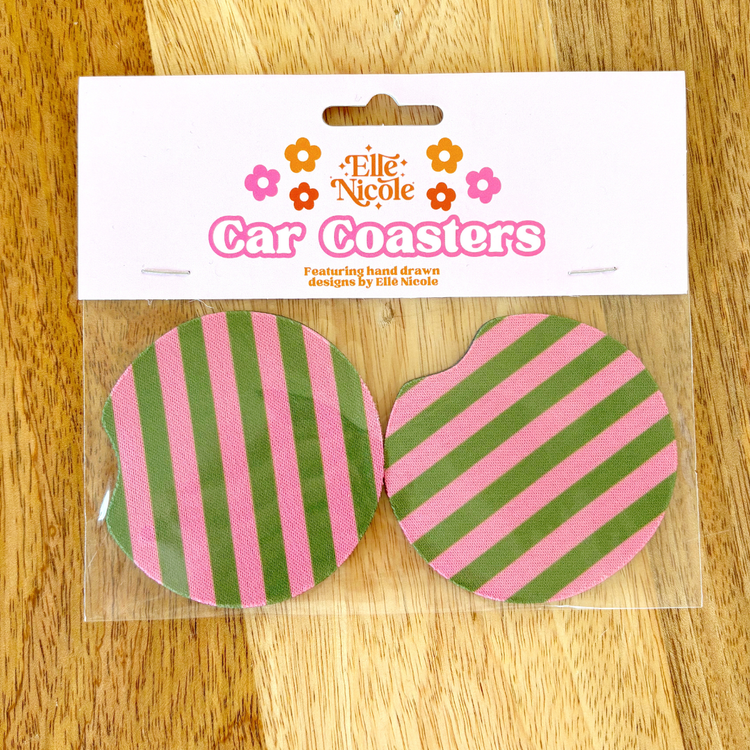 Car Cupholder Coasters - Pink & Green Stripes