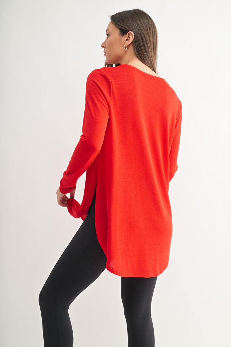 Side-Slit Long-Sleeve Top: Cherry Red