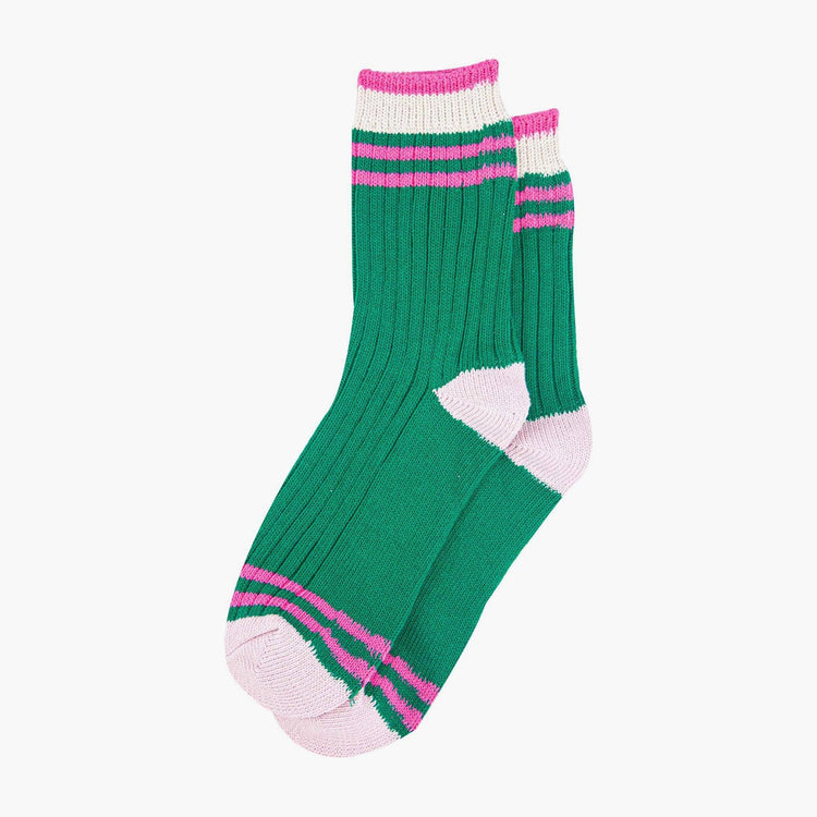 Women's Mid-Calf Socks- Green/Pink Striped Cuff