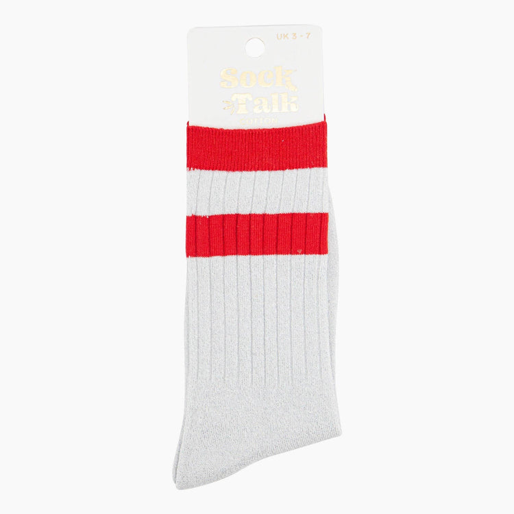 Women's Glitter Socks - White/Red Striped Cuff