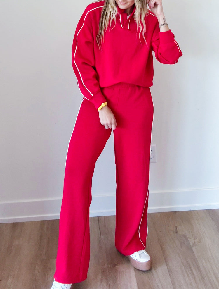 Luxe Red/Cream Piping Modal Straight Leg Pants