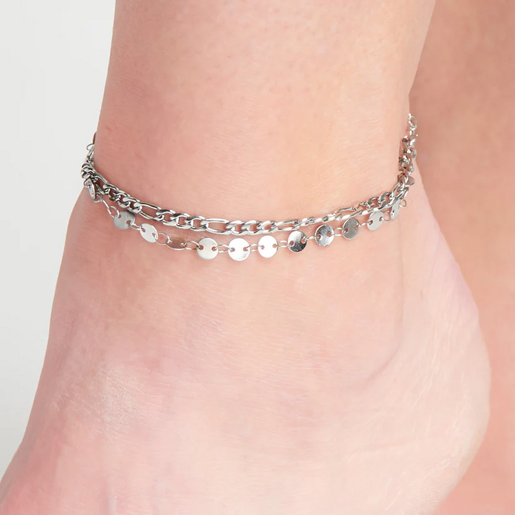 Silver Double Disc Chain Anklet | Waterproof