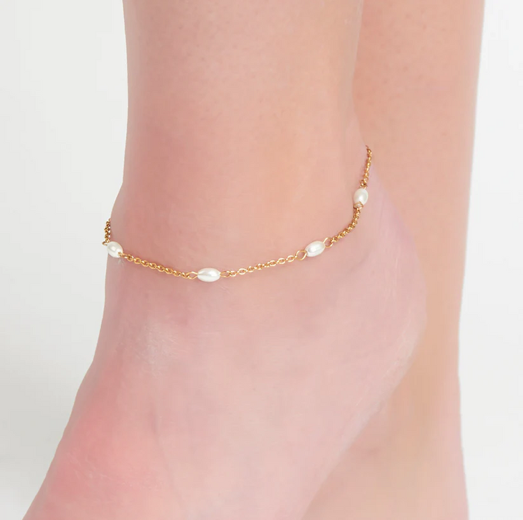 Gold Dainty Pearl Chain Anklet | Waterproof