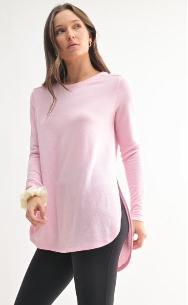 Side-Slit Long-Sleeve Top: Soft Pink