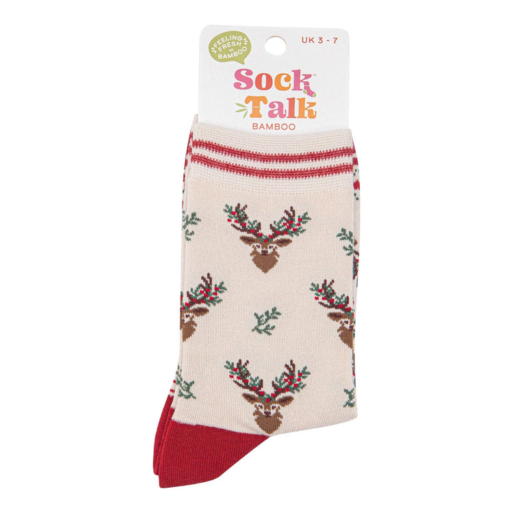 Women's Bamboo Socks - Floral Christmas Reindeer
