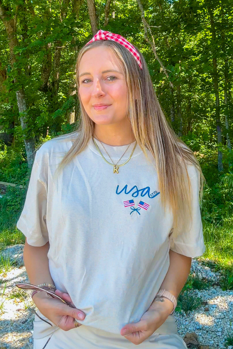 PREORDER | Embroidered USA + Flag Neutral T-Shirt