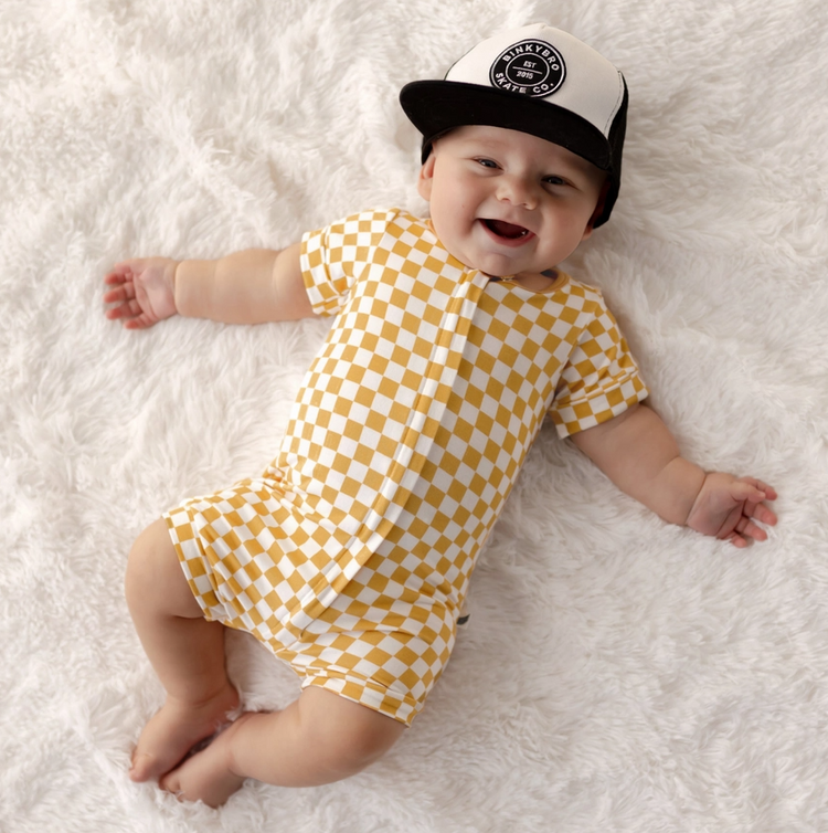 Tan Checker Two-Way Zipper Romper