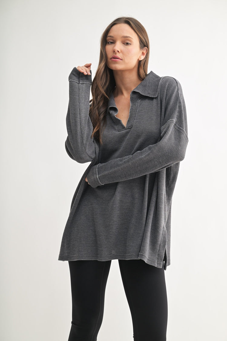 Black Collared Waffle Long-Sleeve