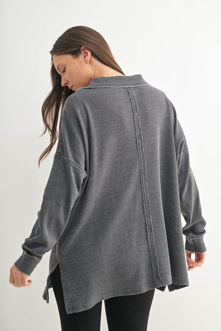 Black Collared Waffle Long-Sleeve