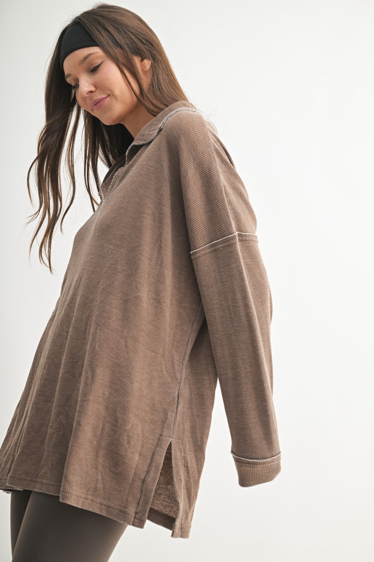 Mocha Collared Waffle Long-Sleeve