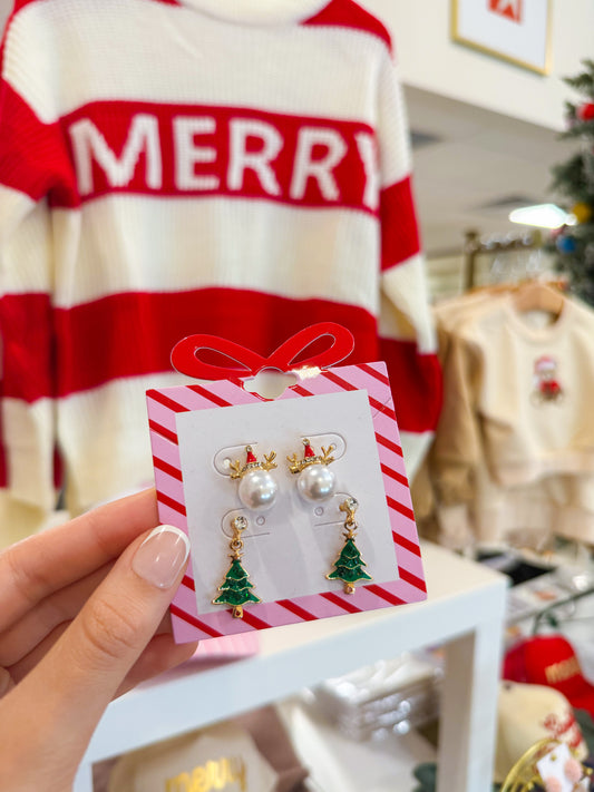 Christmas Tree & Pearl Reindeer Stud Earring Set