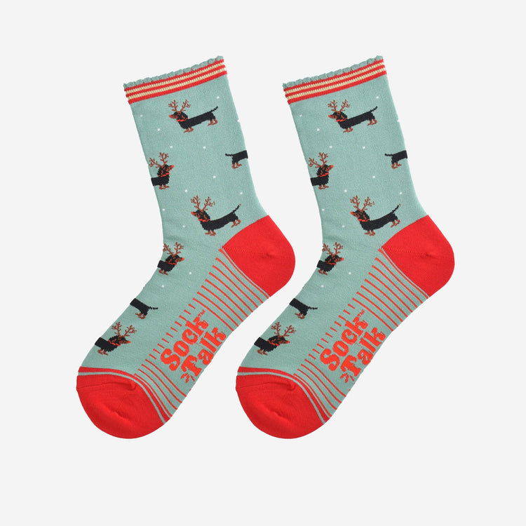 Women's Bamboo Christmas Socks - Dachshund Reindeer