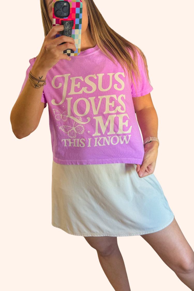 One of a Kind | Jesus Loves Me Neon Violet Boxy Tee (M)