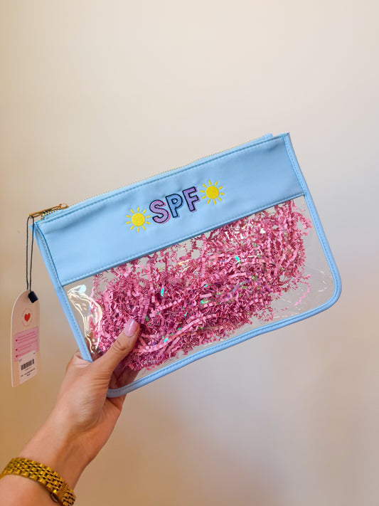 SPF Bright Blue Embroidered Clear Flat Pouch