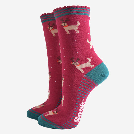 Women's Bamboo Socks - Golden Retriever Reindeer