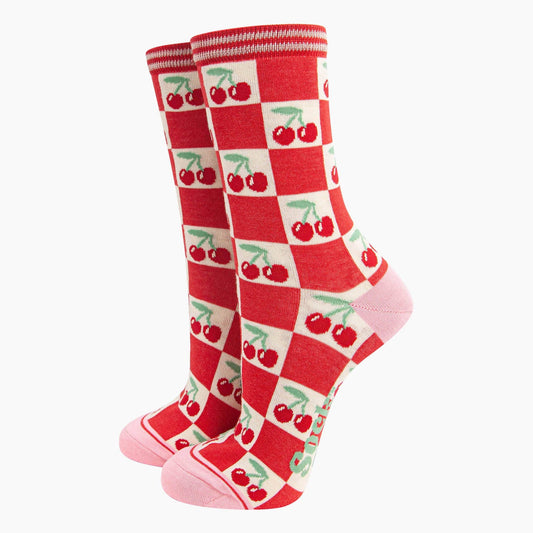 Women's Bamboo Socks - Cherry Checker