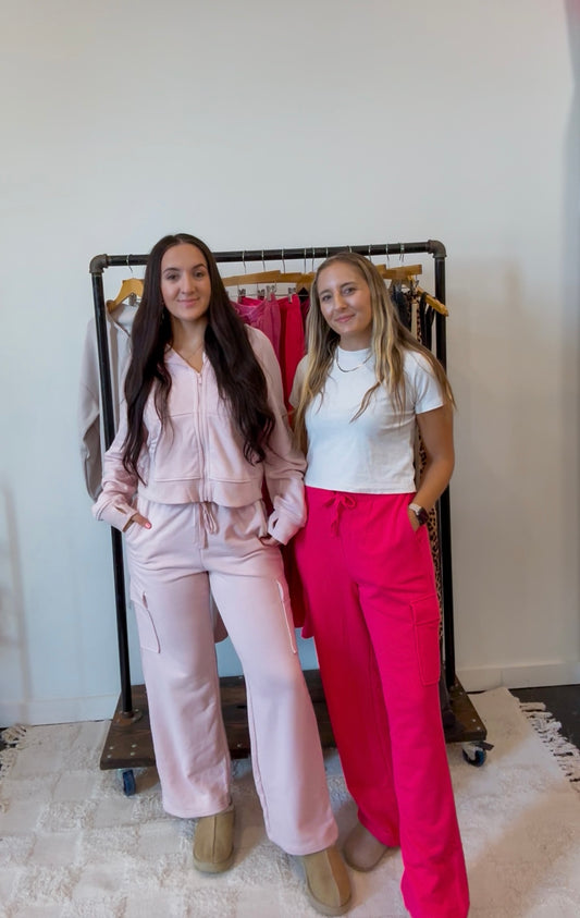 Baby Pink Crop Full-Zip Hoodie & Cargo Straight-Leg Sweatpant Set