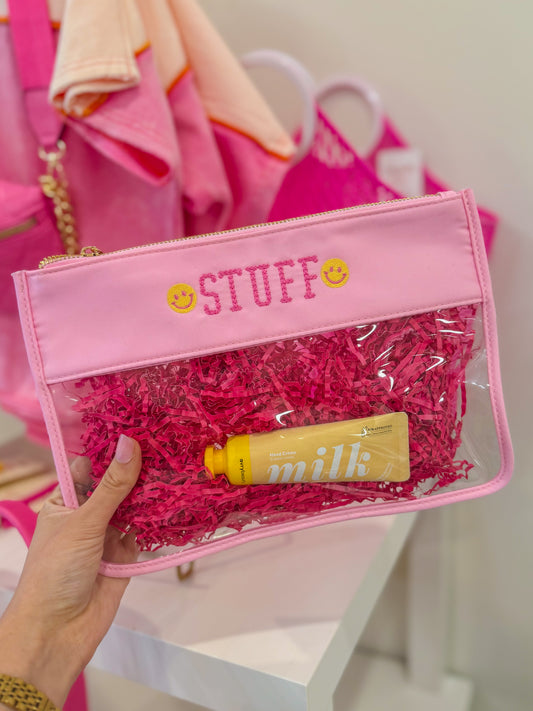 Stuff Smiley Embroidered Clear Flat Pouch | Bright Pink