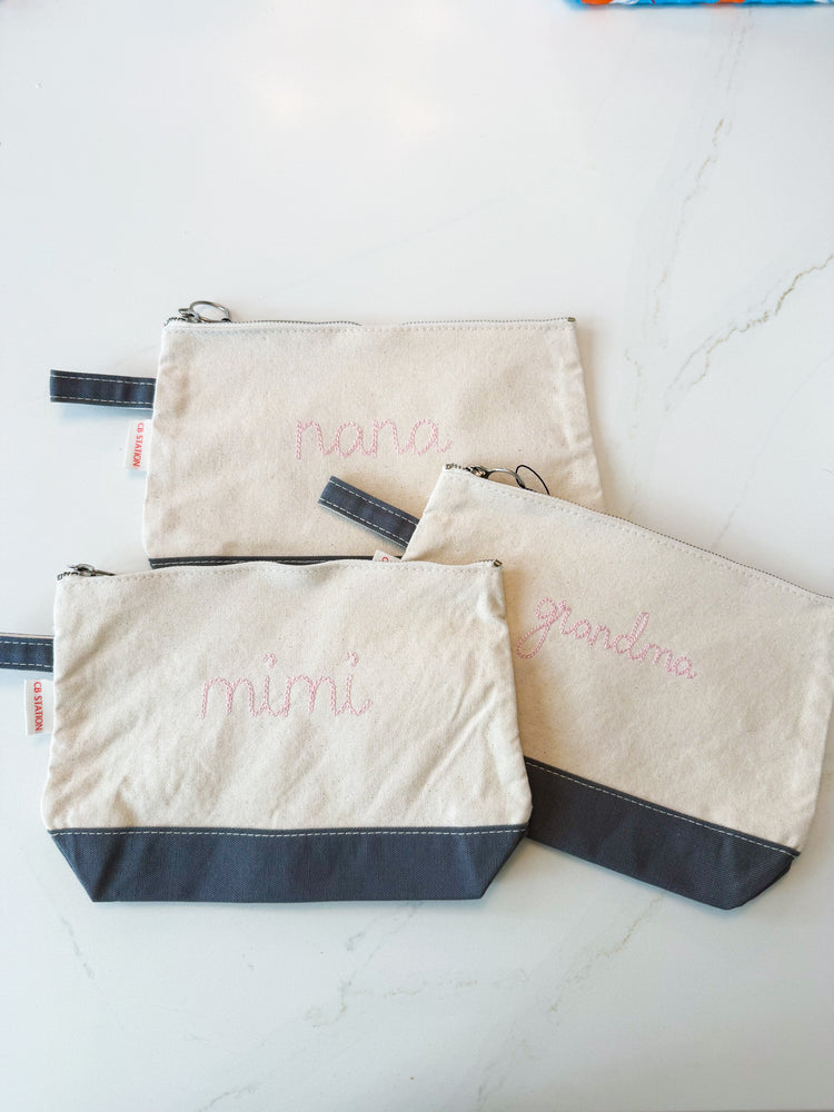 Grandma Embroidered Canvas Makeup Bag | Charcoal