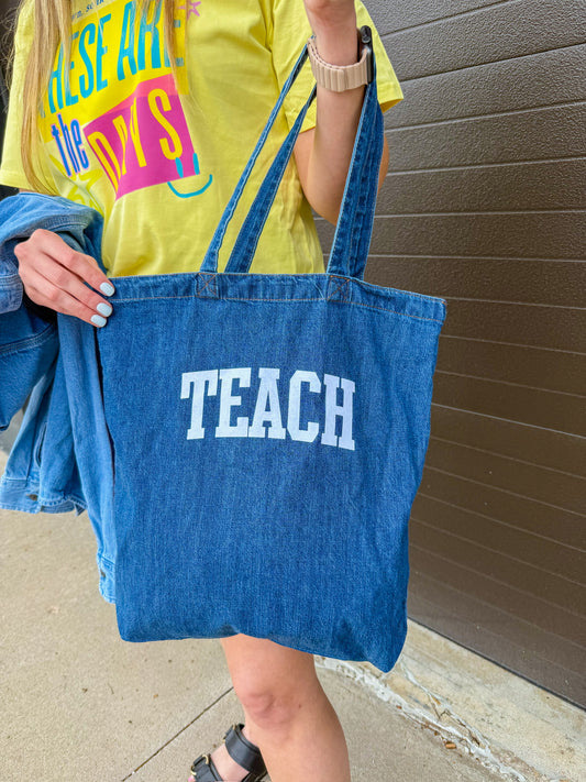 Teach Denim Tote Bag | Printed Graphic Denim Tote Bag