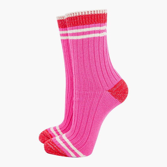 Women's Mid-Calf Socks- Pink/Red Striped Cuff