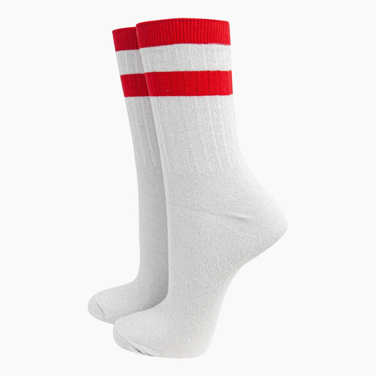 Women's Glitter Socks - White/Red Striped Cuff