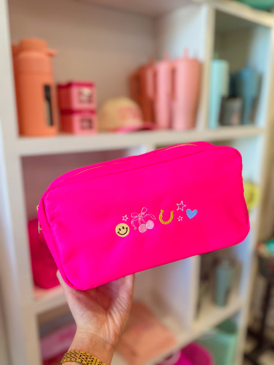 Neon Pink Icon Embroidered Pouch | Large