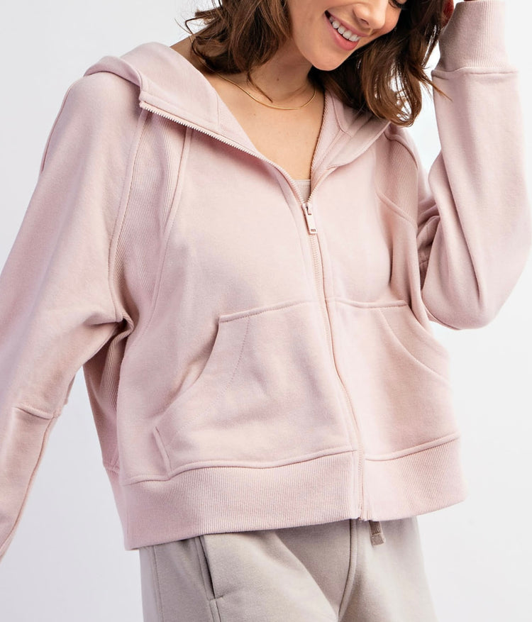 Baby Pink Crop Full-Zip Hoodie & Cargo Straight-Leg Sweatpant Set