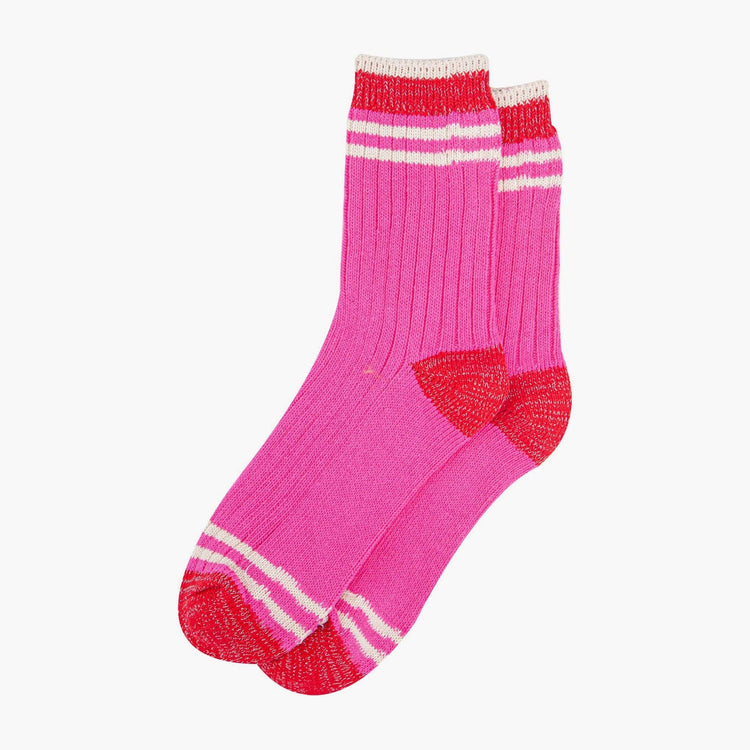 Women's Mid-Calf Socks- Pink/Red Striped Cuff