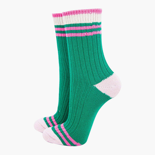 Women's Mid-Calf Socks- Green/Pink Striped Cuff