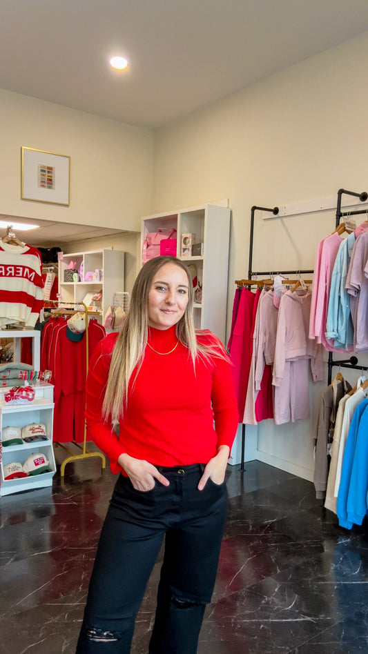 Basic Ribbed Long Sleeve Mock Neck | Red