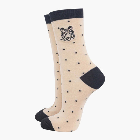 Women's Embroidered Ankle Socks - Tiger Polka Dot