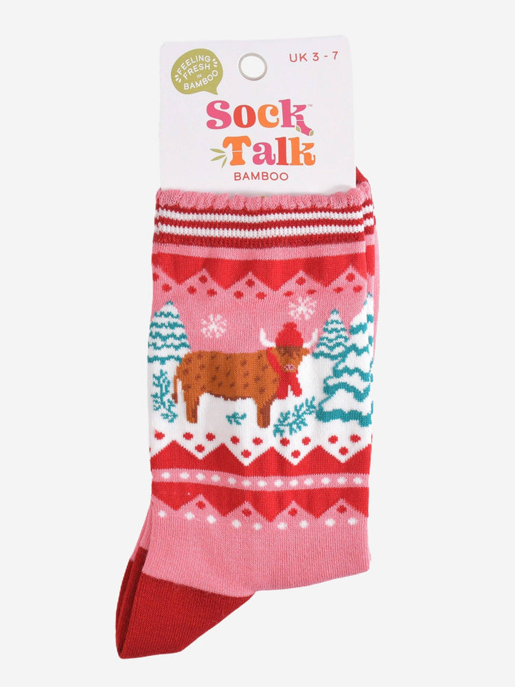 Women's Bamboo Socks - Christmas Highland Cow