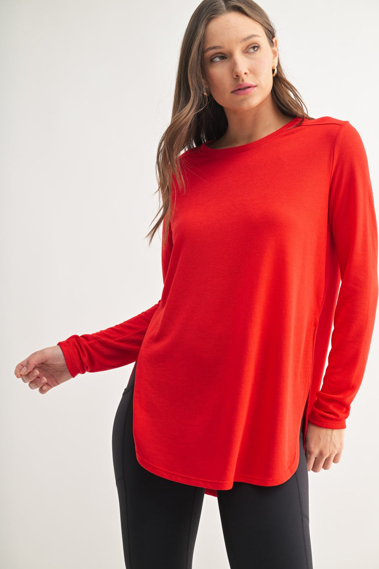 Side-Slit Long-Sleeve Top: Cherry Red