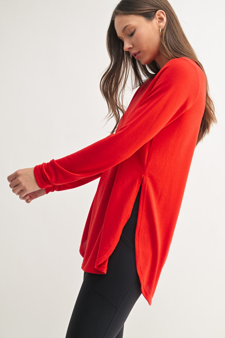 Side-Slit Long-Sleeve Top: Cherry Red