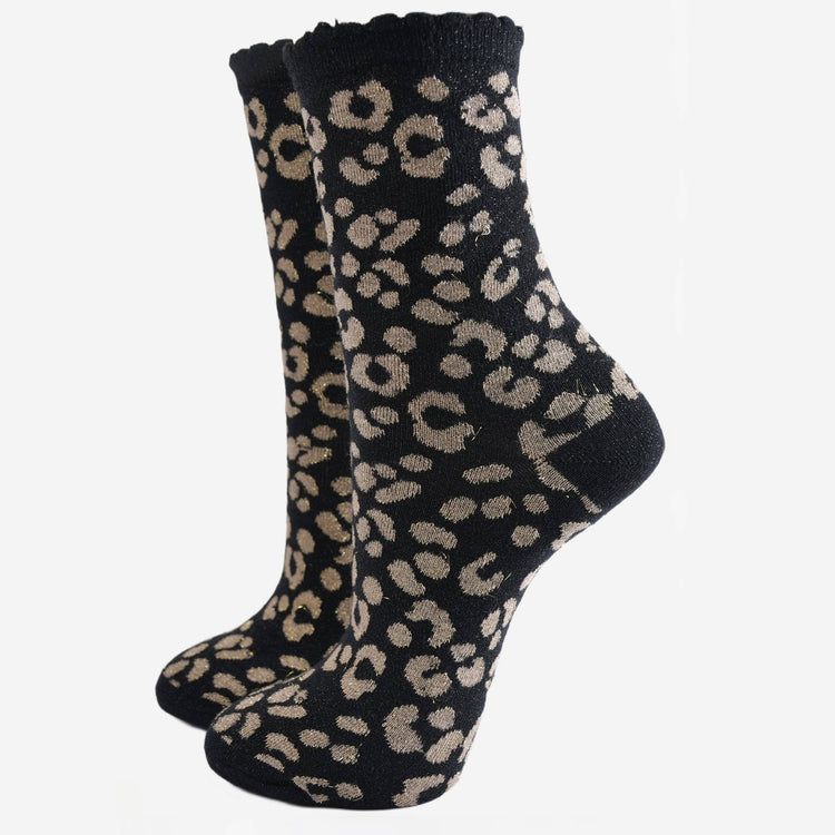 Women's Glitter Ruffle Socks - Black/Gold Leopard