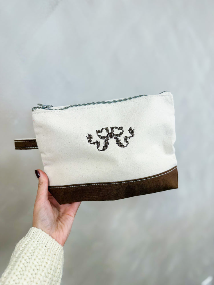 Cross Stitch Bow Embroidered Canvas Makeup Bag | Brown